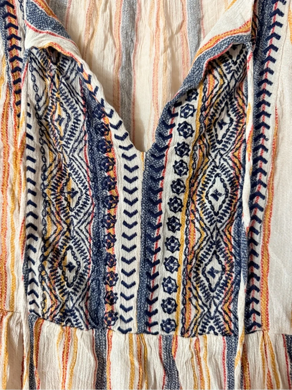 Artesia Striped Embroidered Peasant Blouse in Blue & Tan Stripes, size L